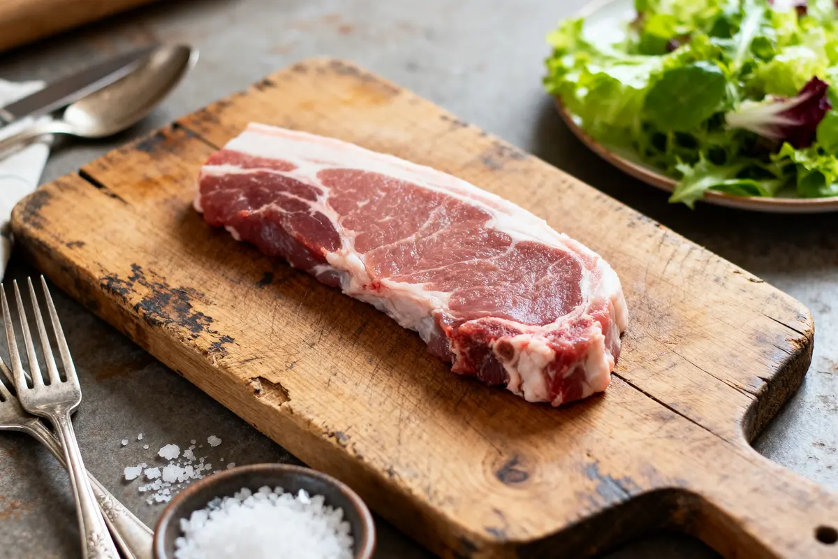 Tranche de viande crue sur planche en bois, accompagnée de salade knacki cru