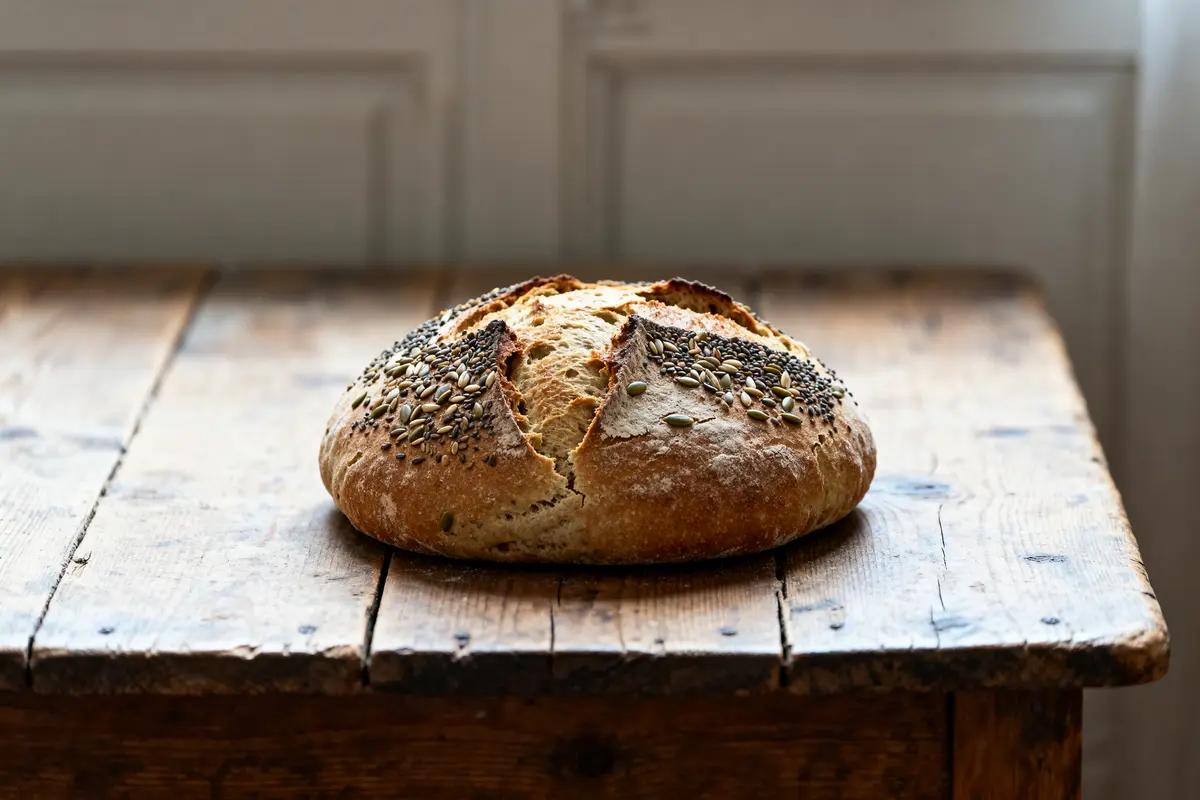 Pain nordique artisanal aux graines posé sur une table en bois rustique