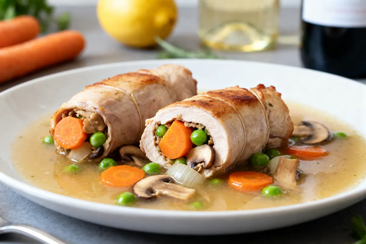 Deux paupiettes de dindonneau farcies aux légumes avec sauce et garnitures colorées