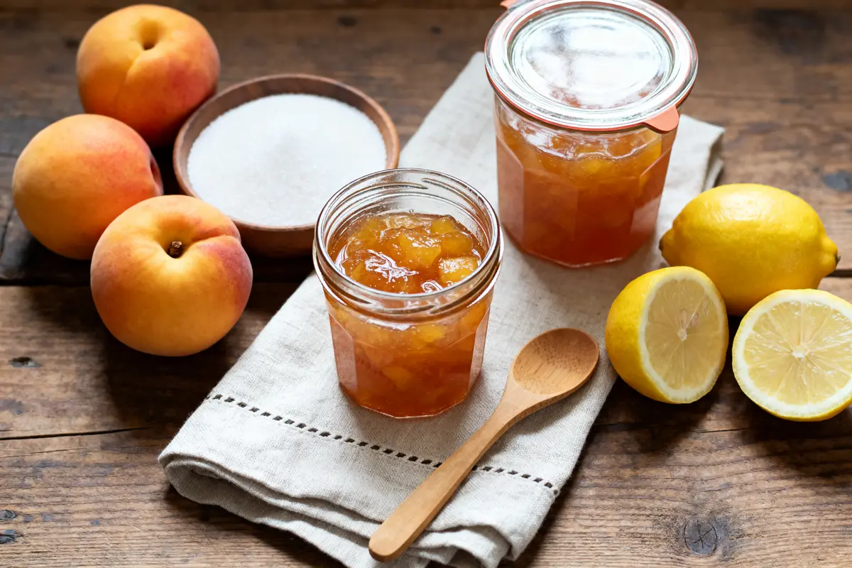 Pots de gelée de coing, citrons et sucre pour une recette de gelée de coing