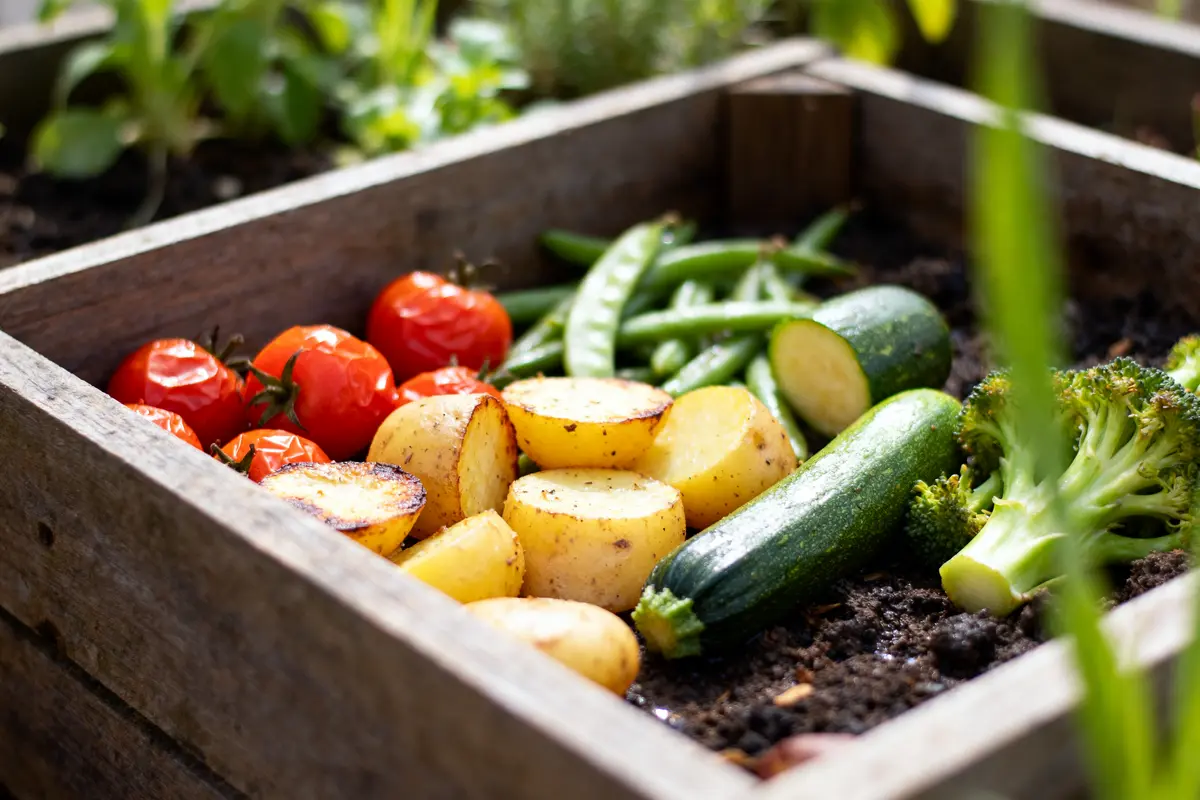 Légumes frais dans un jardin pour la recette de la jardinière de légumes colorée