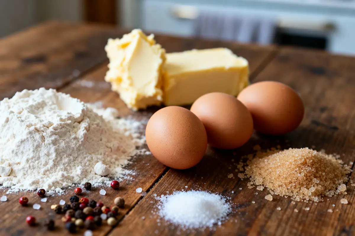 Ingrédients de base pour une recette de pop cake sur une table en bois rustique