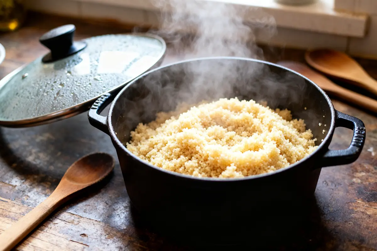 Casserole fumante pour réchauffer la semoule de couscous avec cuillère en bois sur table rustique