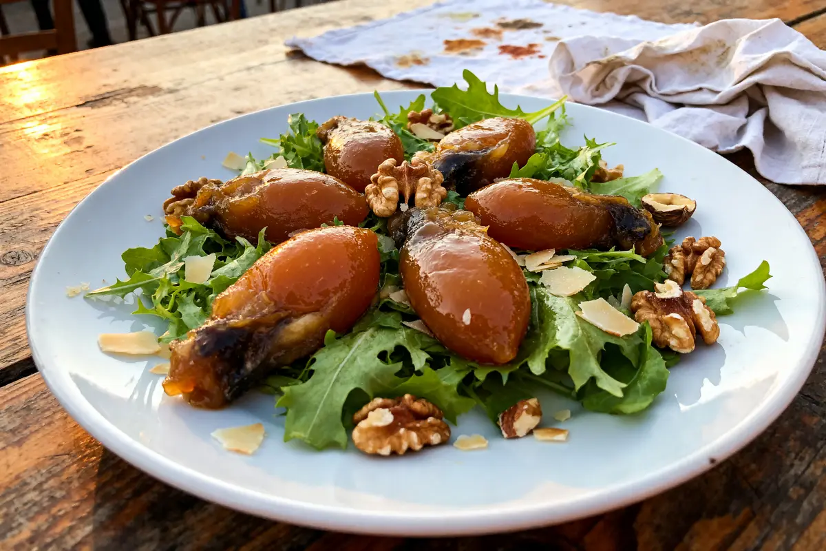 Salade de gésiers avec noix, feuilles vertes et copeaux de fromage sur assiette blanche