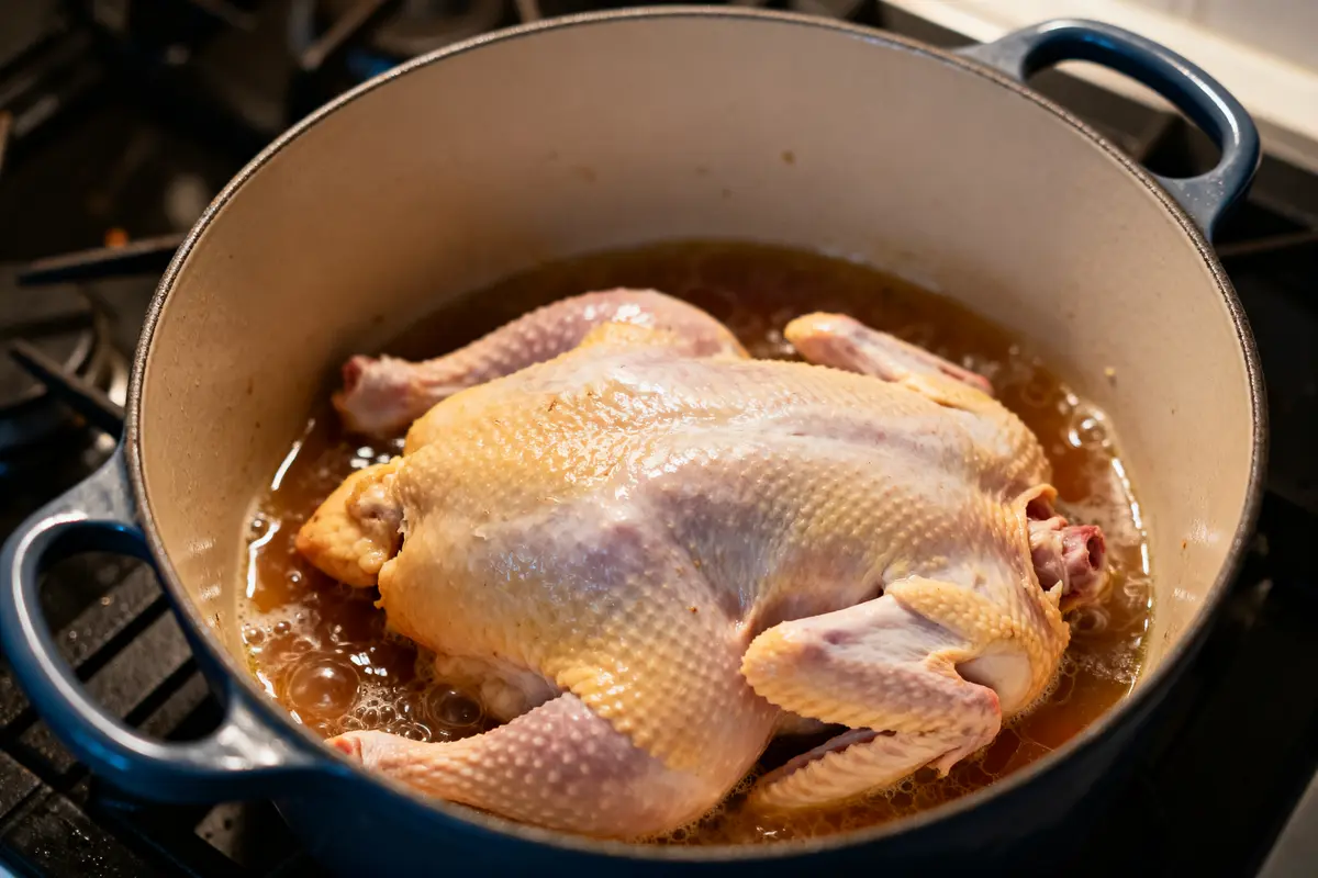 Pintade de 1,5 kg en cocotte mijotant, illustrant le temps de cuisson optimal