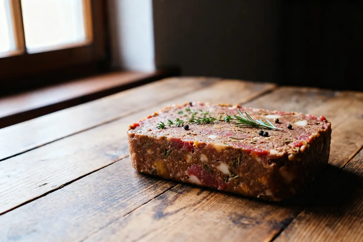 Terrine de sanglier de ma grand-mère sur planche en bois avec herbes fraîches
