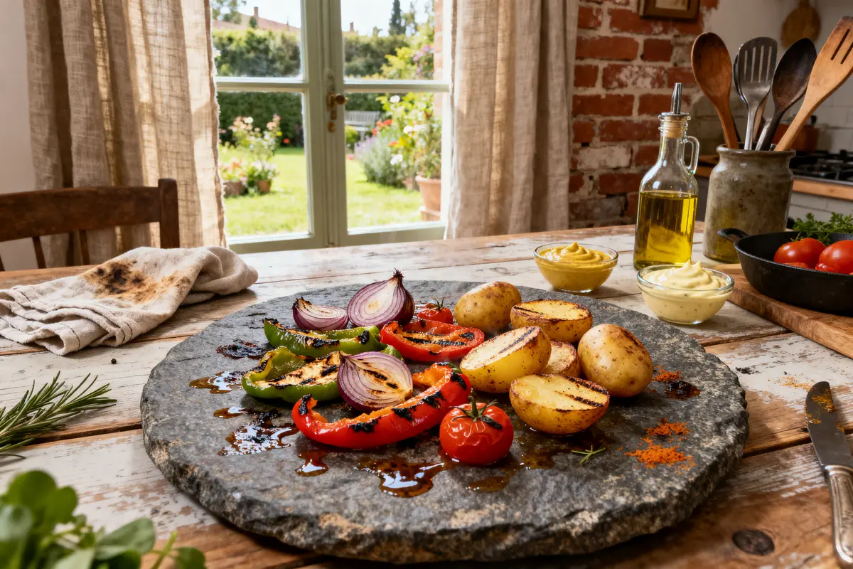 Légumes grillés et pommes de terre pour accompagner une pierrade sur une table rustique
