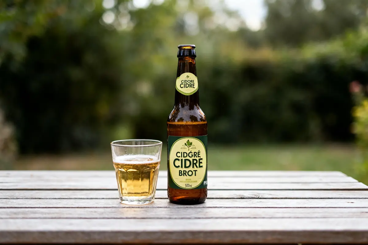 Bouteille de cidre sur table en bois, un alcool moins calorique, à côté d'un verre