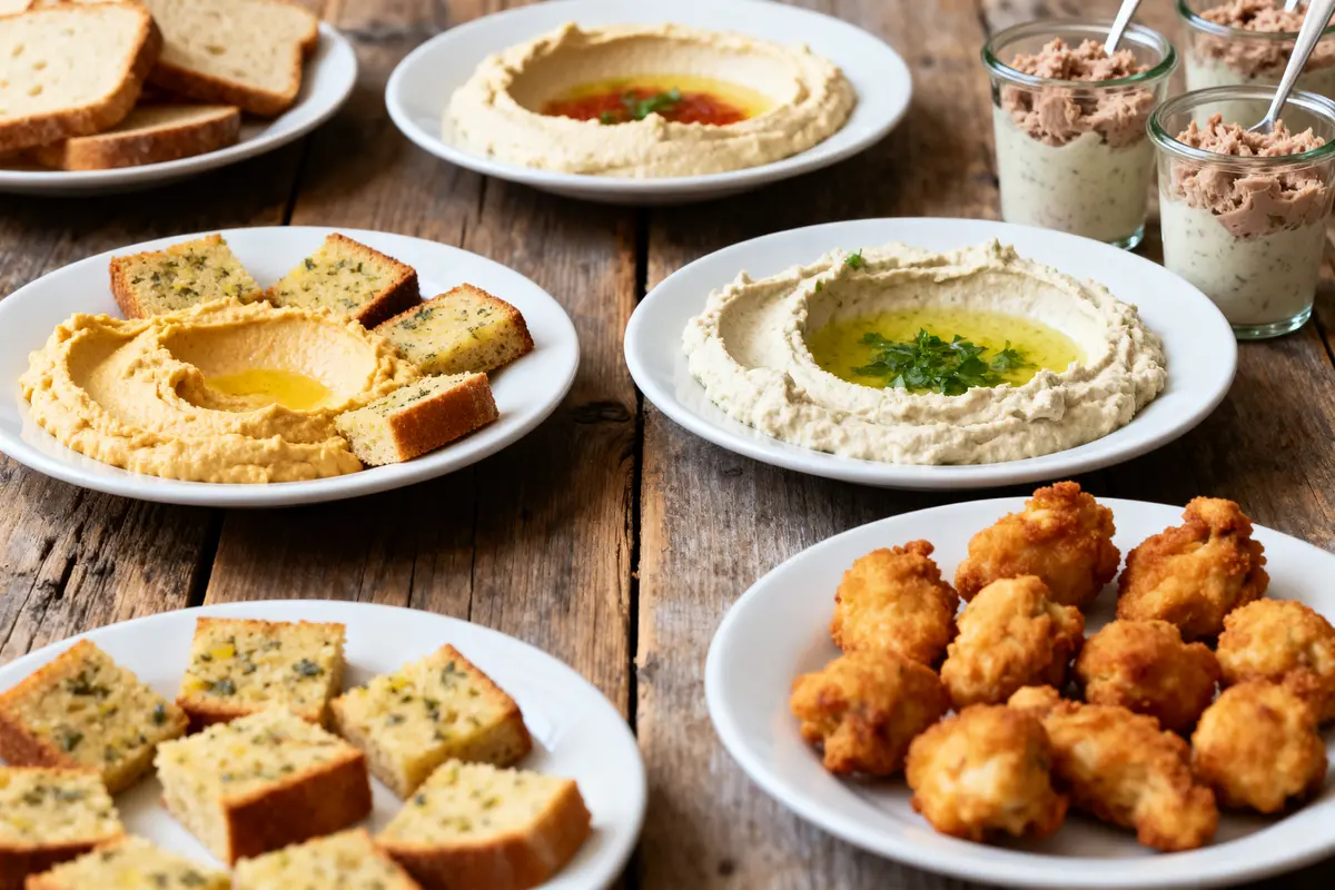 Assortiment de dips et bouchées pour apéritif dînatoire sur table en bois rustique