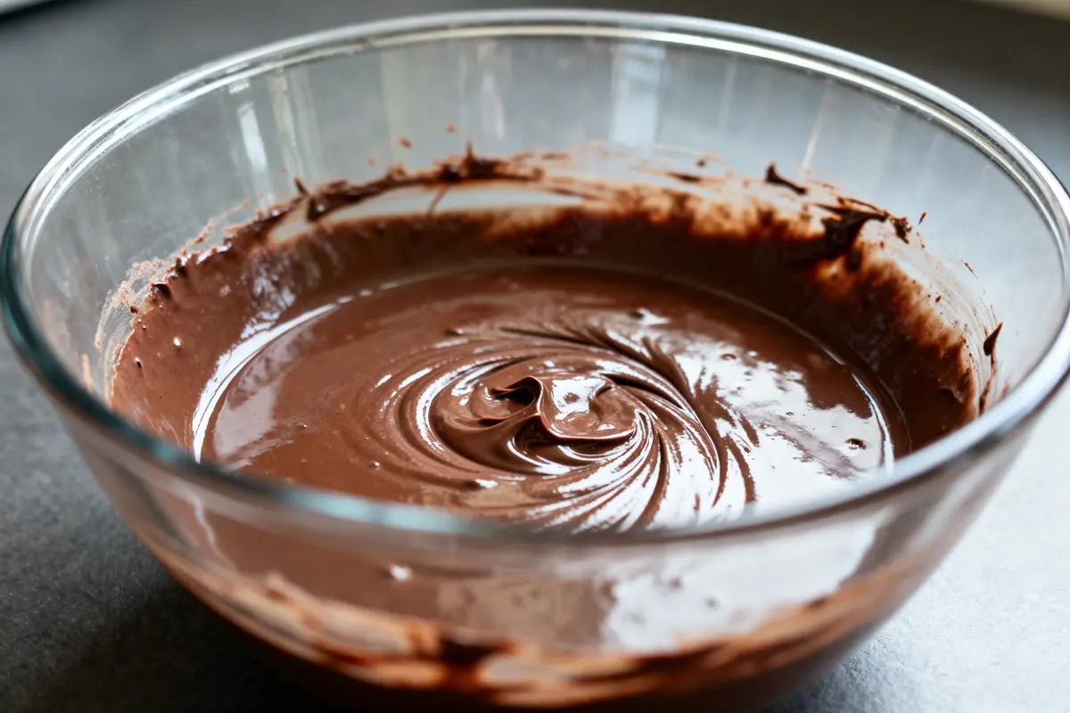 Bol transparent rempli de chocolat fondu au micro-ondes onctueux et lisse