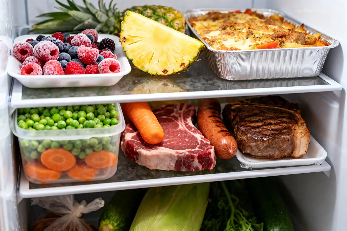 Réfrigérateur rempli d'aliments surgelés, fruits et viandes prêts pour congélation optimale