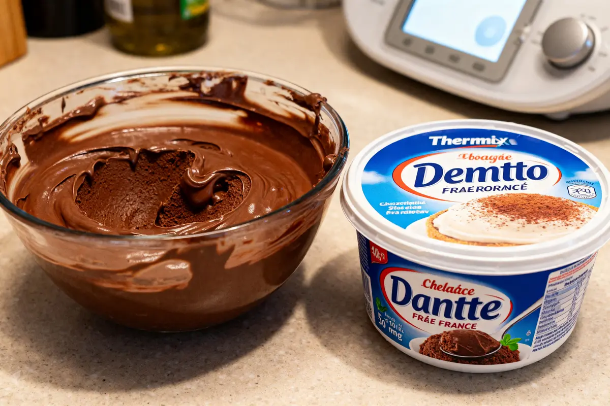 Bol de crème au chocolat Thermomix meilleure que la Danette à côté d'un pot Danette