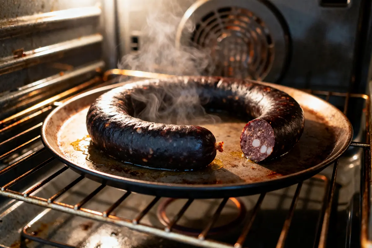 Cuisson du boudin noir au four dégageant de la vapeur sur une plaque chaude