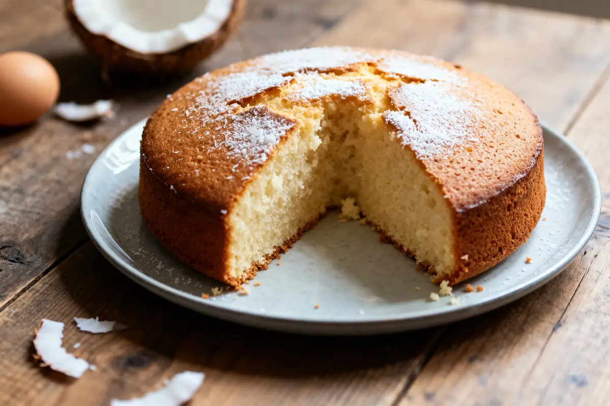 Gâteau au lait de coco avec tranches manquantes sur une assiette en bois rustique