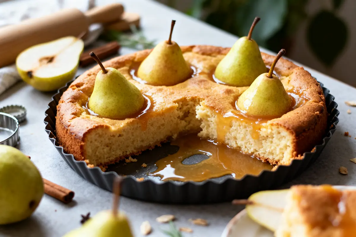 Gâteau aux poires grand-mère avec caramel et poires entières sur la table de cuisine