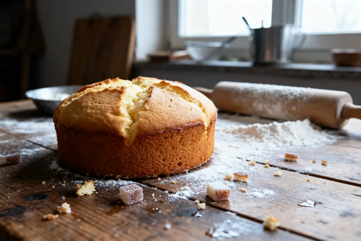 Gâteau bien gonflé et moelleux sur table en bois, farine et rouleau à pâtisserie visibles