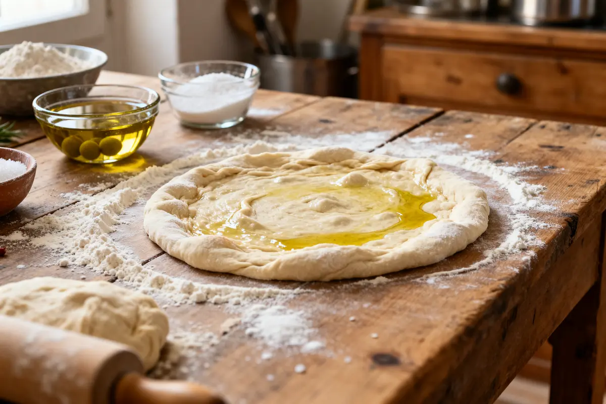 Pâte à pizza artisanale avec huile d'olive sur table rustique en bois