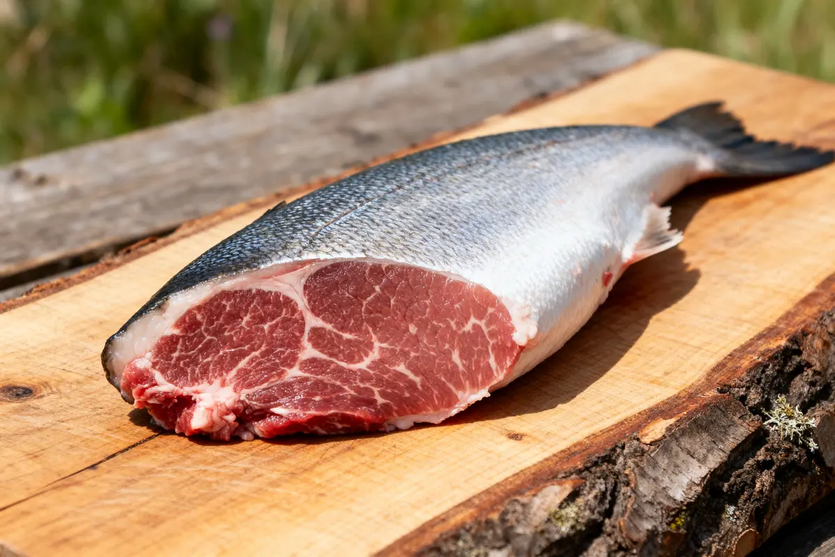 Poisson avec apparence de viande, texture unique de merlan de boeuf posé sur bois