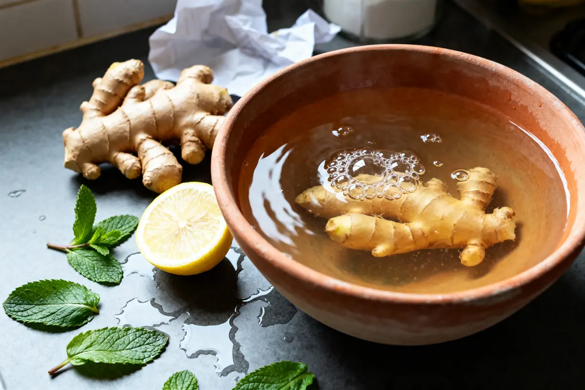 Bol d'eau avec gingembre, citron et menthe pour recette de jus de gingembre.