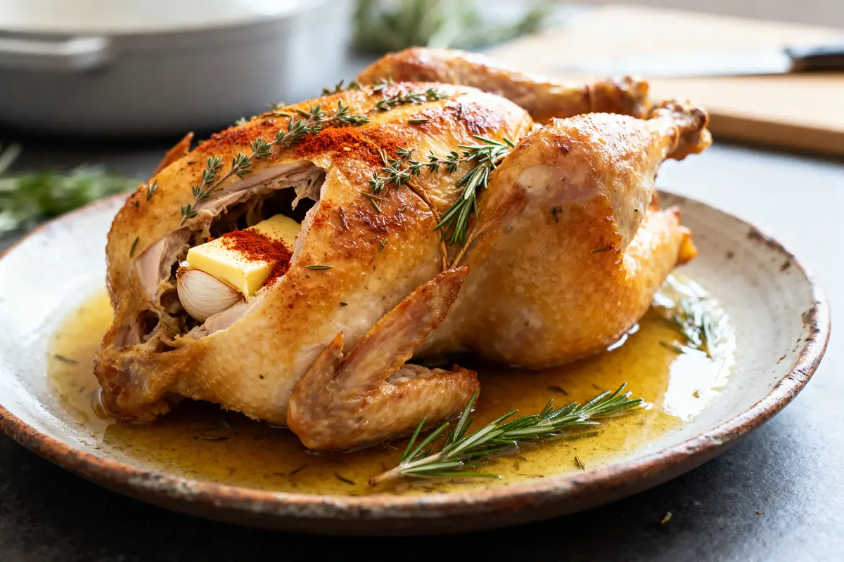 Poulet rôti avec herbes et beurre, illustrant une recette de poulet rôti au four