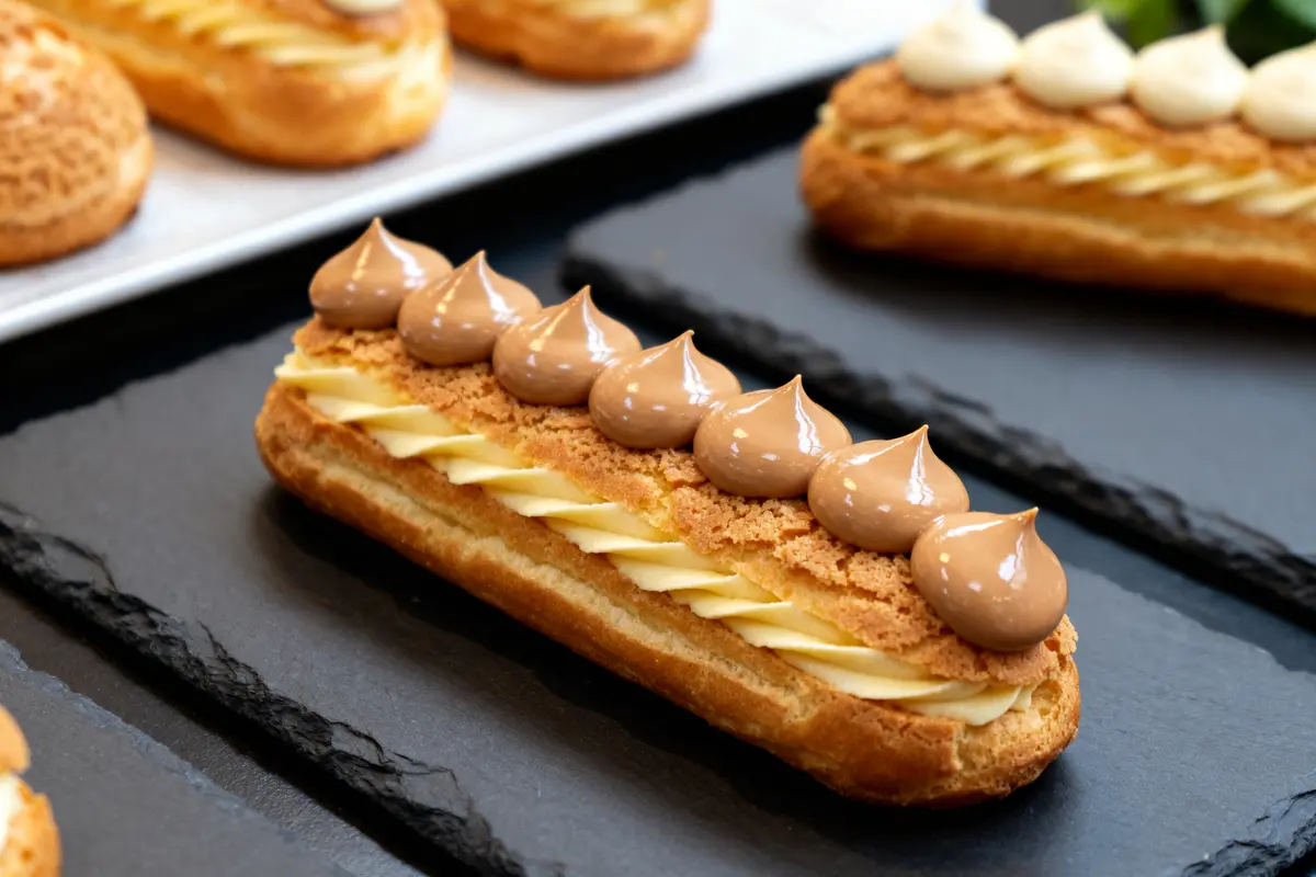 Éclair garni de crème, ressemblant à une religieuse au café, sur plateau ardoise noir.
