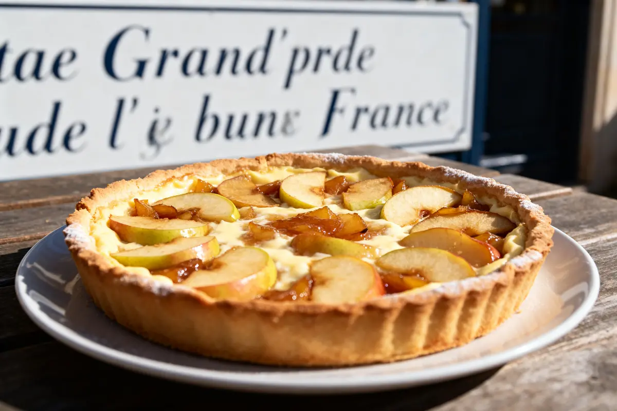 Tarte de grand-mère à l'ancienne aux pommes sur une table en bois ensoleillée