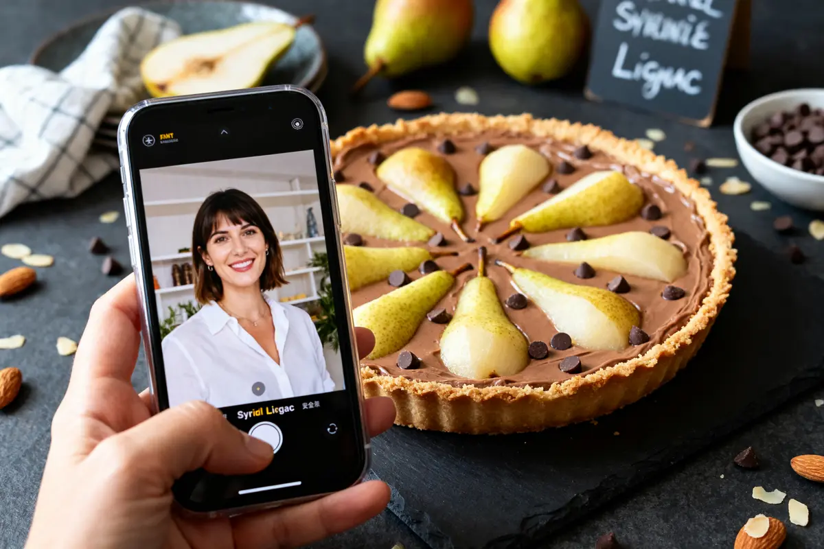 Personne tenant un téléphone devant une tarte poire chocolat de Cyril Lignac sur une table
