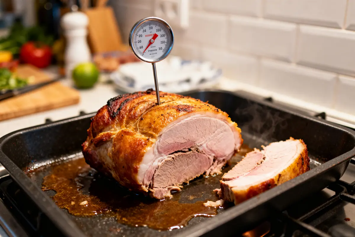 Rôti de porc moelleux au four avec thermomètre indiquant le temps de cuisson optimal.
