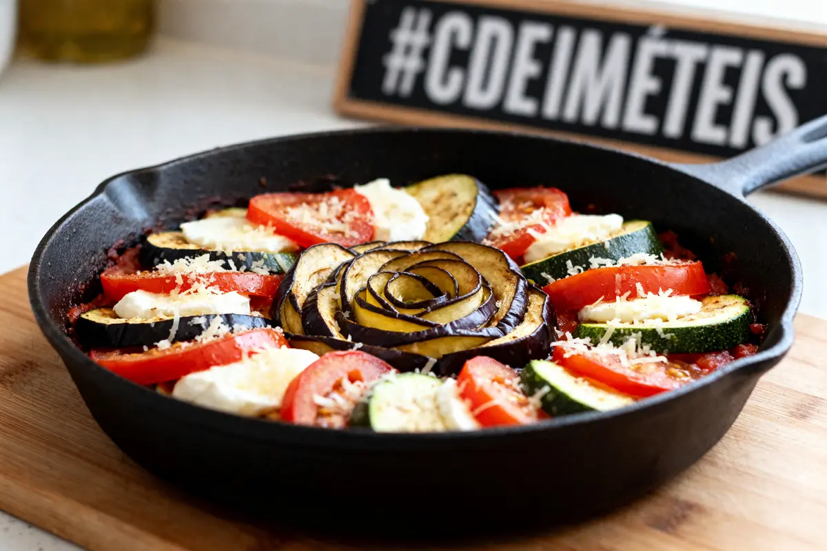Poêle en fonte contenant un tian de légumes à l'italienne garni d'aubergines et courgettes