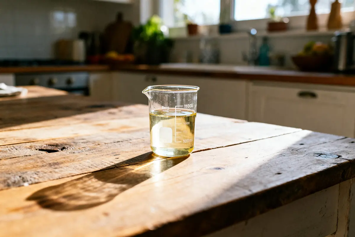 Un bécher contenant un liquide clair posé sur une table en bois dans une cuisine lumineuse.