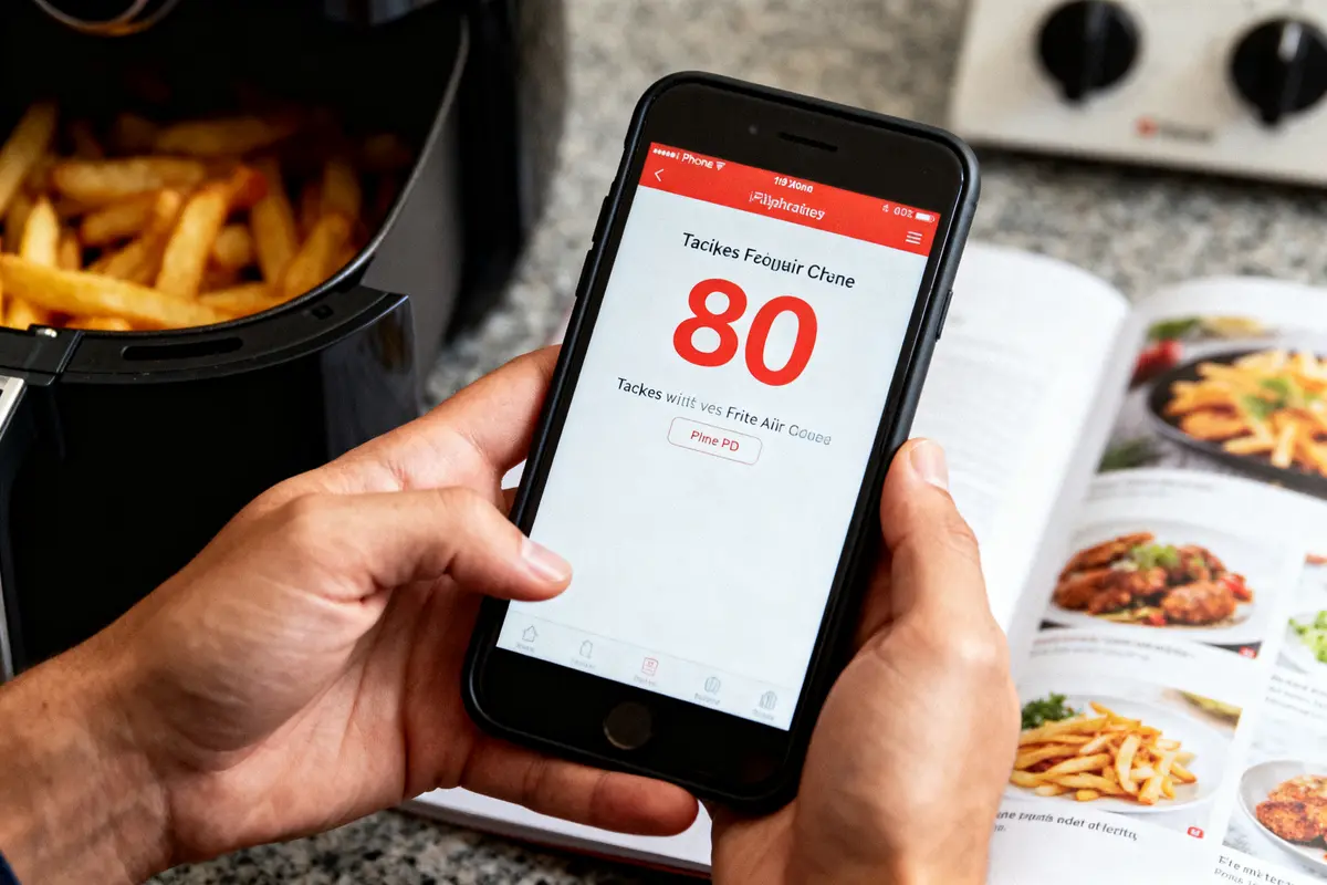 Téléphone montrant application de cuisine près d'une friteuse à air, livre de recettes dépliant en arrière-plan.