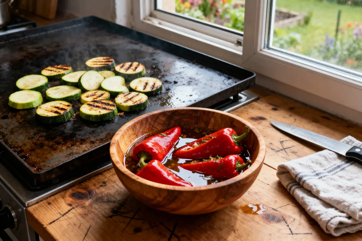 Rondelles de courgettes grillées sur plaque, poivrons rouges marinés dans un bol en bois sur table en bois.