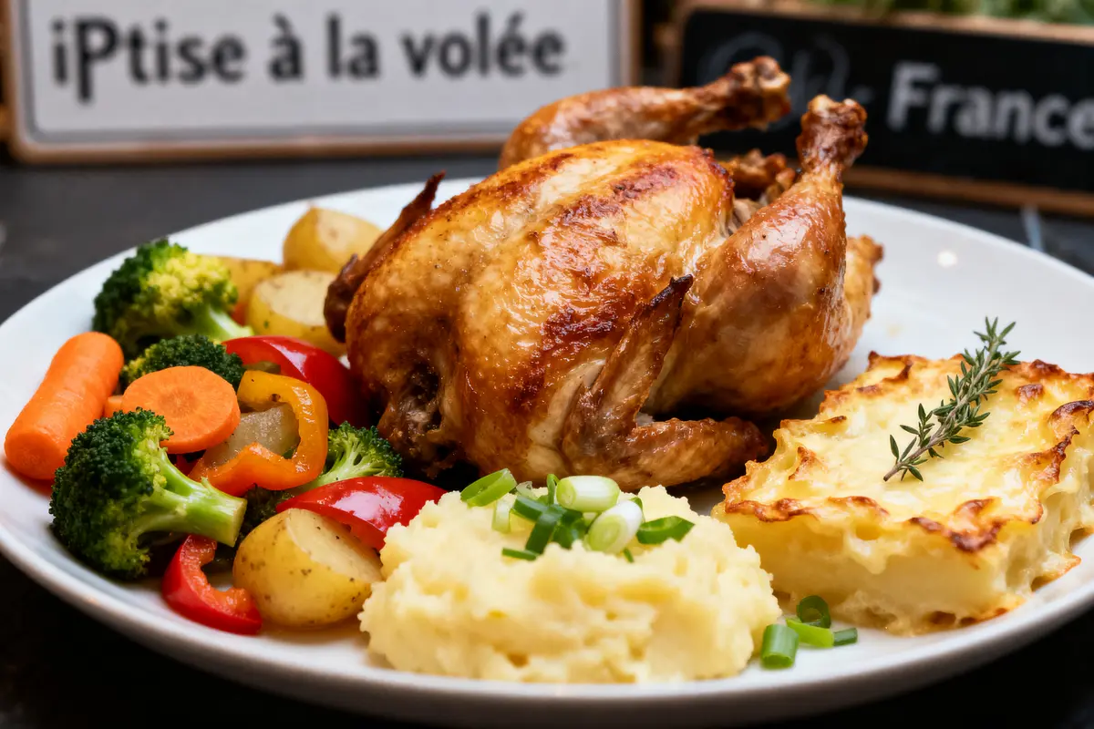 Poulet rôti avec légumes variés, purée, gratin dauphinois, assiette élégante en présentation appétissante.