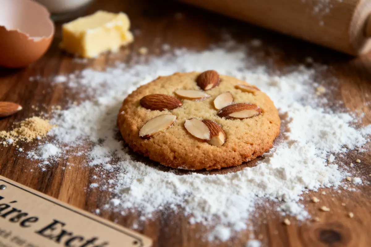 Un biscuit aux amandes sur une table en bois recouverte de farine, avec des ingrédients en arrière-plan.