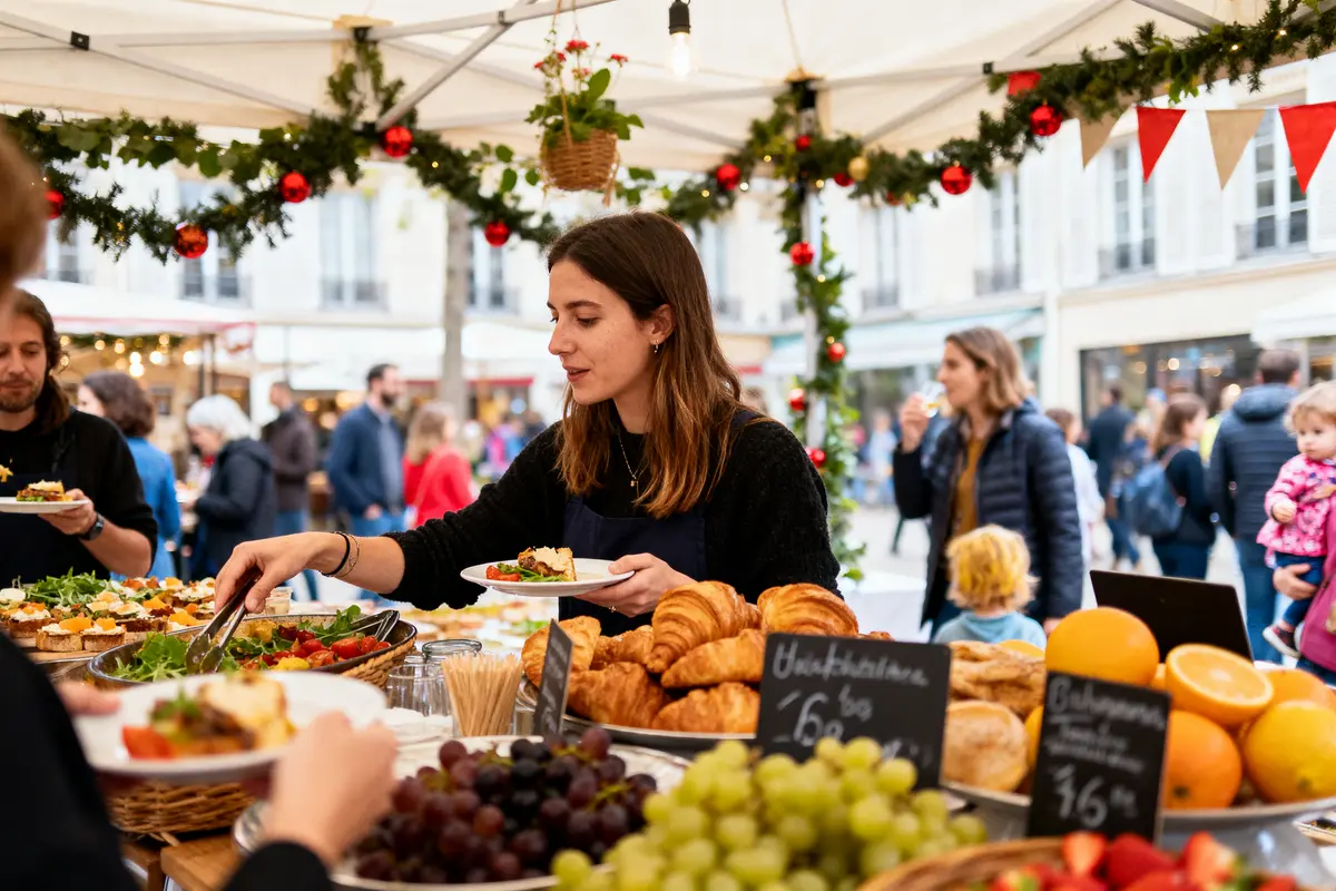 Marché de Noël animé avec jeune femme servant des plats parmi divers aliments, décorations festives en arrière-plan.
