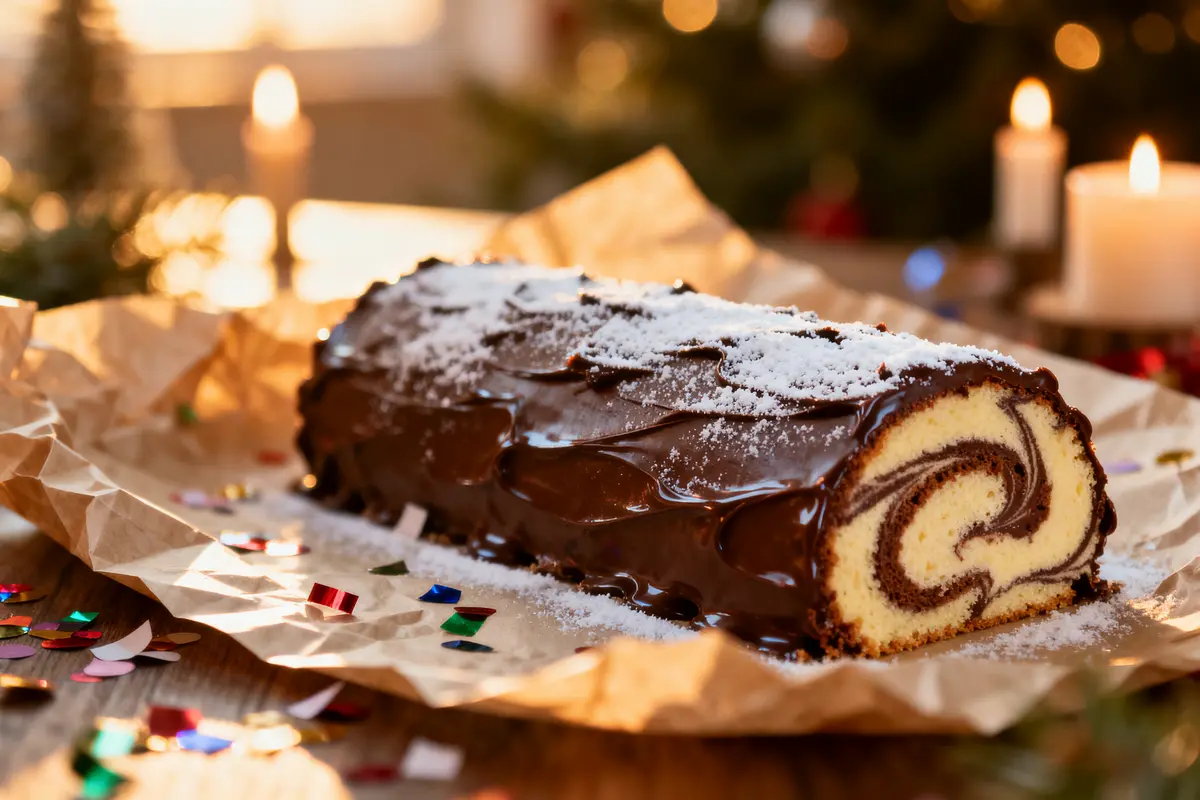 Bûche de Noël au chocolat sur papier parchemin, décorée de sucre glace et entourée de confettis colorés.