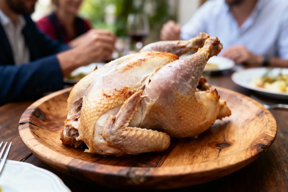 Poulet rôti sur plat en bois, entouré de convives à table, prêt pour être dégusté ensemble.