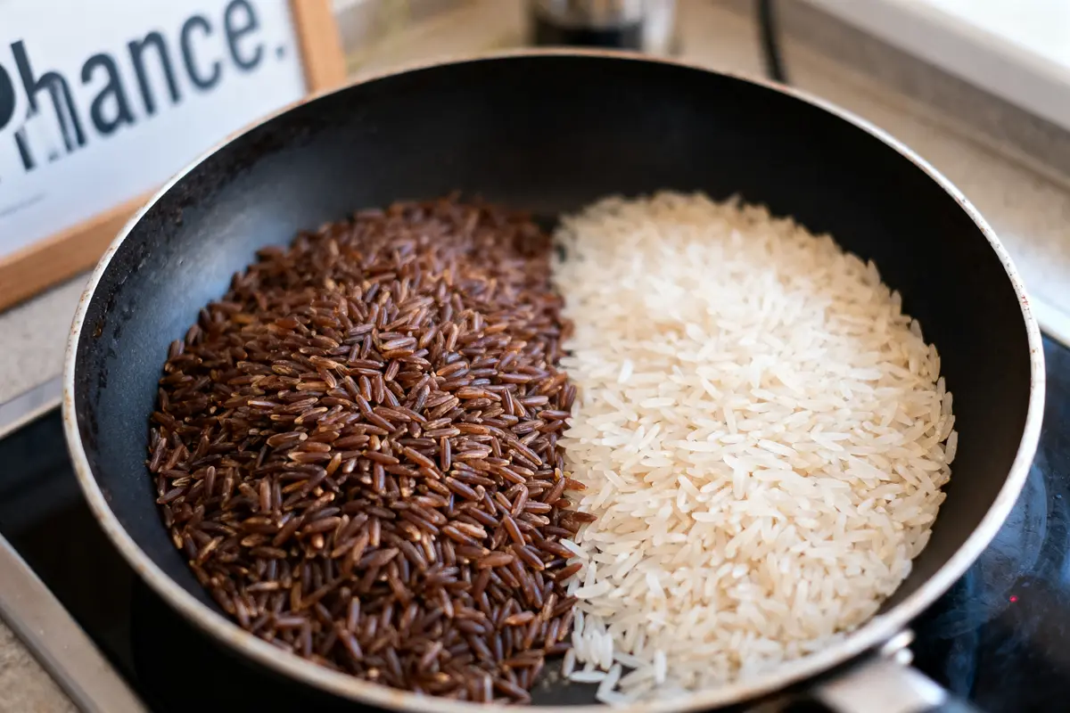 Poêle avec riz brun et riz blanc côte à côte, cuisant sur une plaque de cuisson.