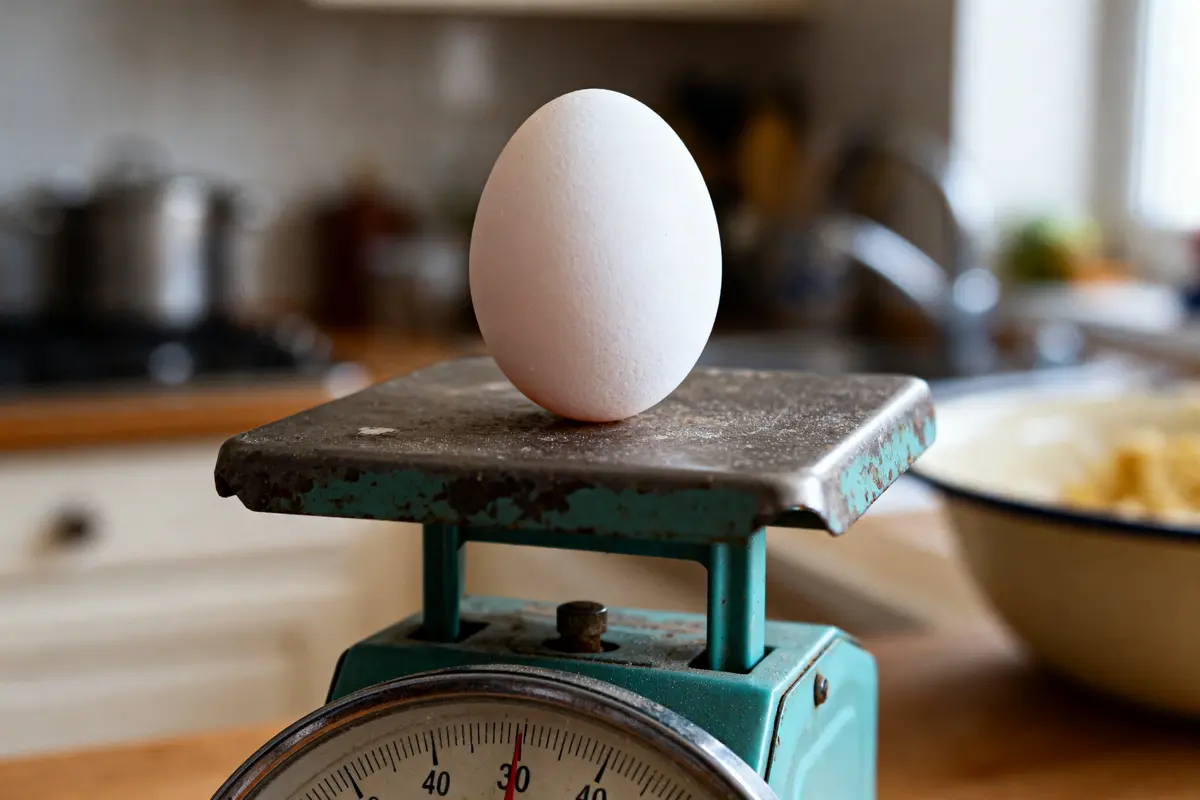 Un œuf blanc posé sur une balance de cuisine vintage, dans une cuisine en arrière-plan flou.