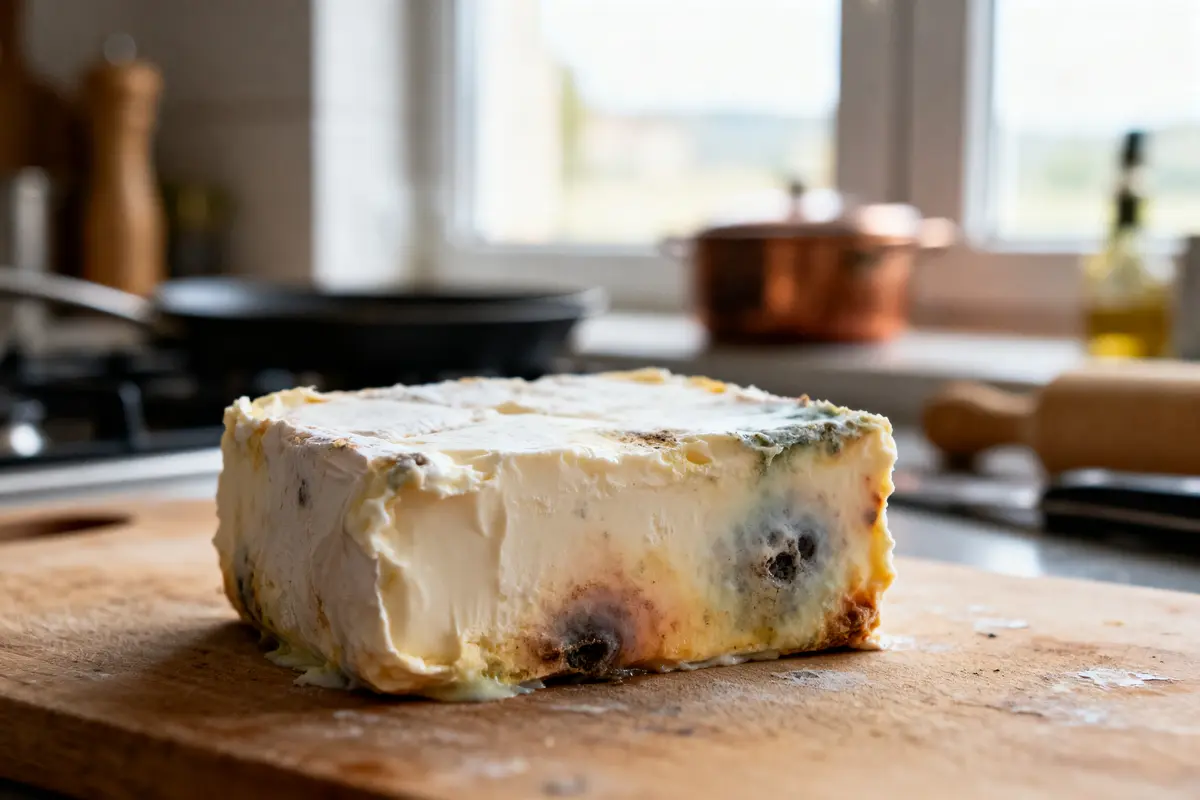 Bloc de fromage moisi avec des taches colorées, posé sur une planche en bois dans une cuisine.