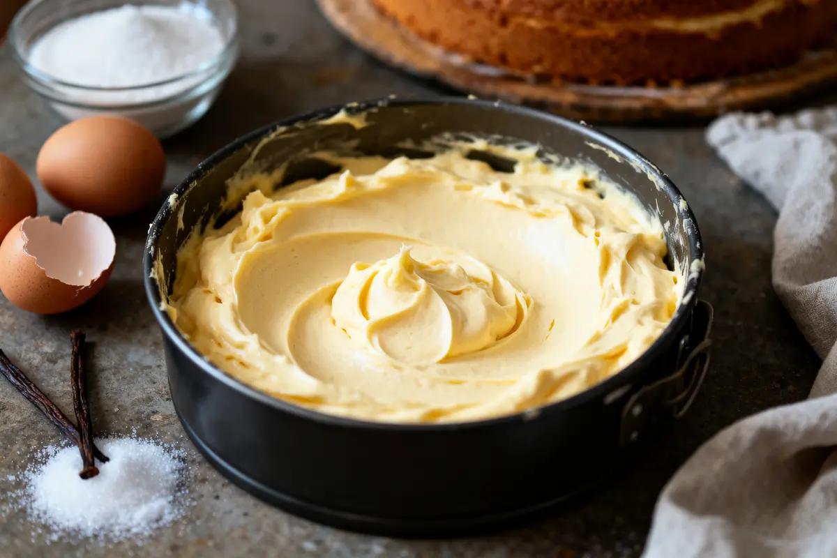 Mélange de pâte à gâteau dans un moule, entouré d'ingrédients comme œufs, sucre et vanille.