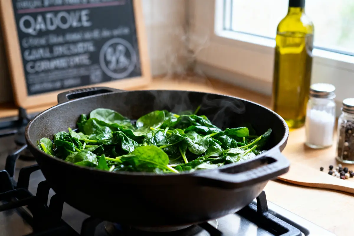 Épinards frais cuisant dans une poêle noire sur la cuisinière, huile d'olive en arrière-plan.
