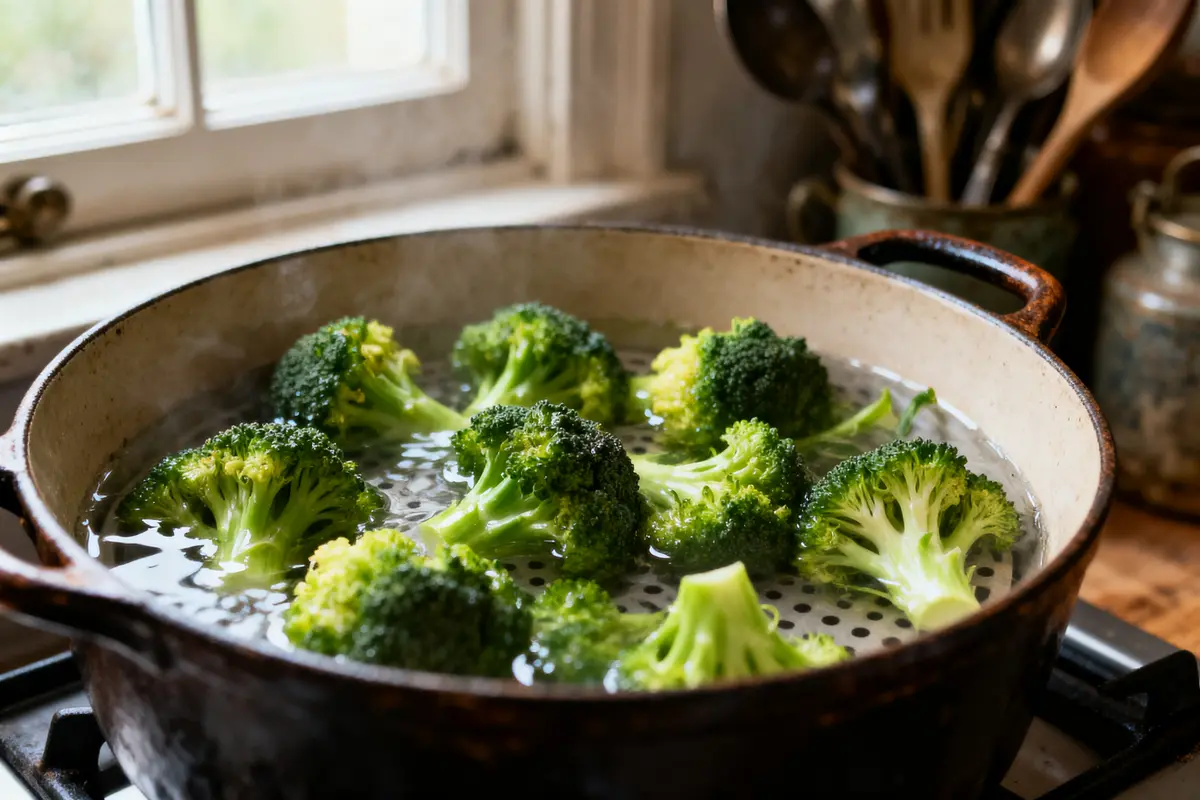 Brocolis frais cuisant à la vapeur dans une casserole sur une cuisinière, lumière naturelle.