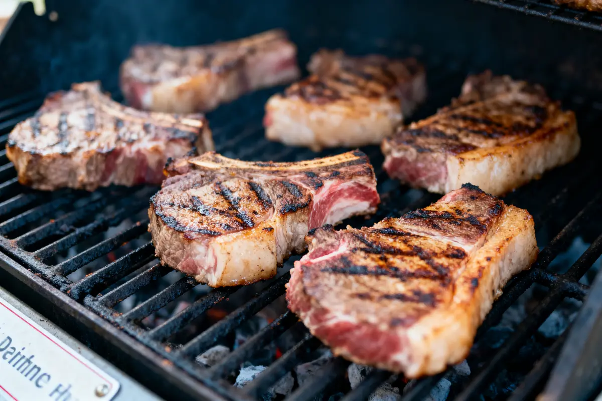 Côtes de bœuf grillées sur barbecue, avec marques de cuisson, en extérieur.