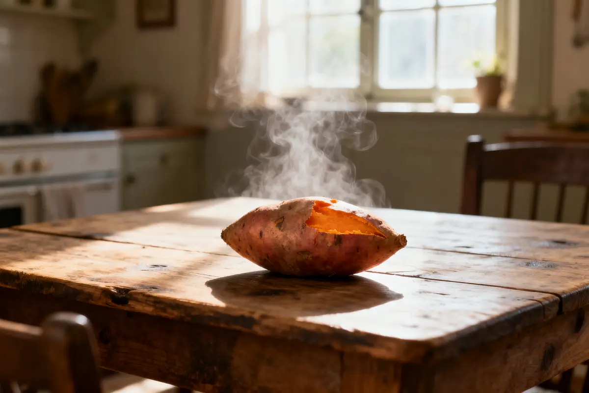 Patate douce cuite fumante sur table en bois, cuisine en arrière-plan ensoleillée.