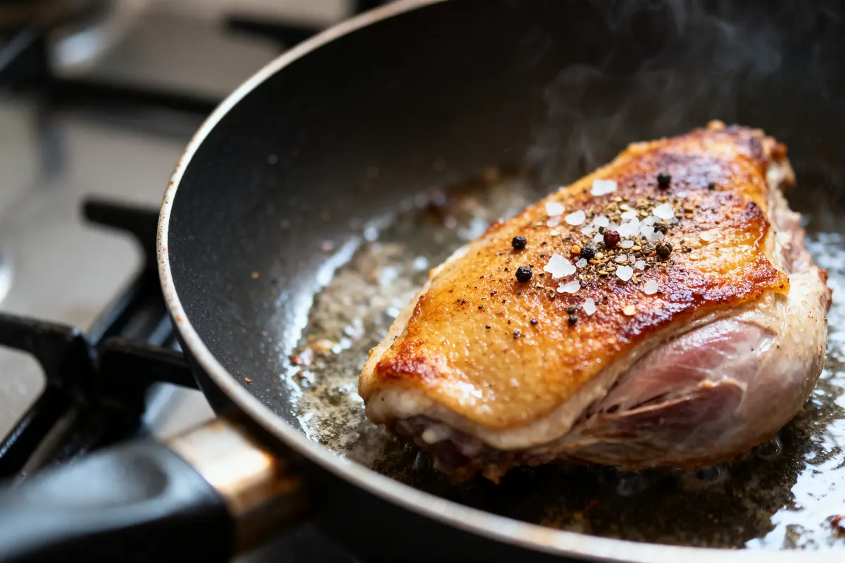 Poitrine de volaille cuite dans une poêle, assaisonnée de sel et poivre sur réchaud de cuisine.