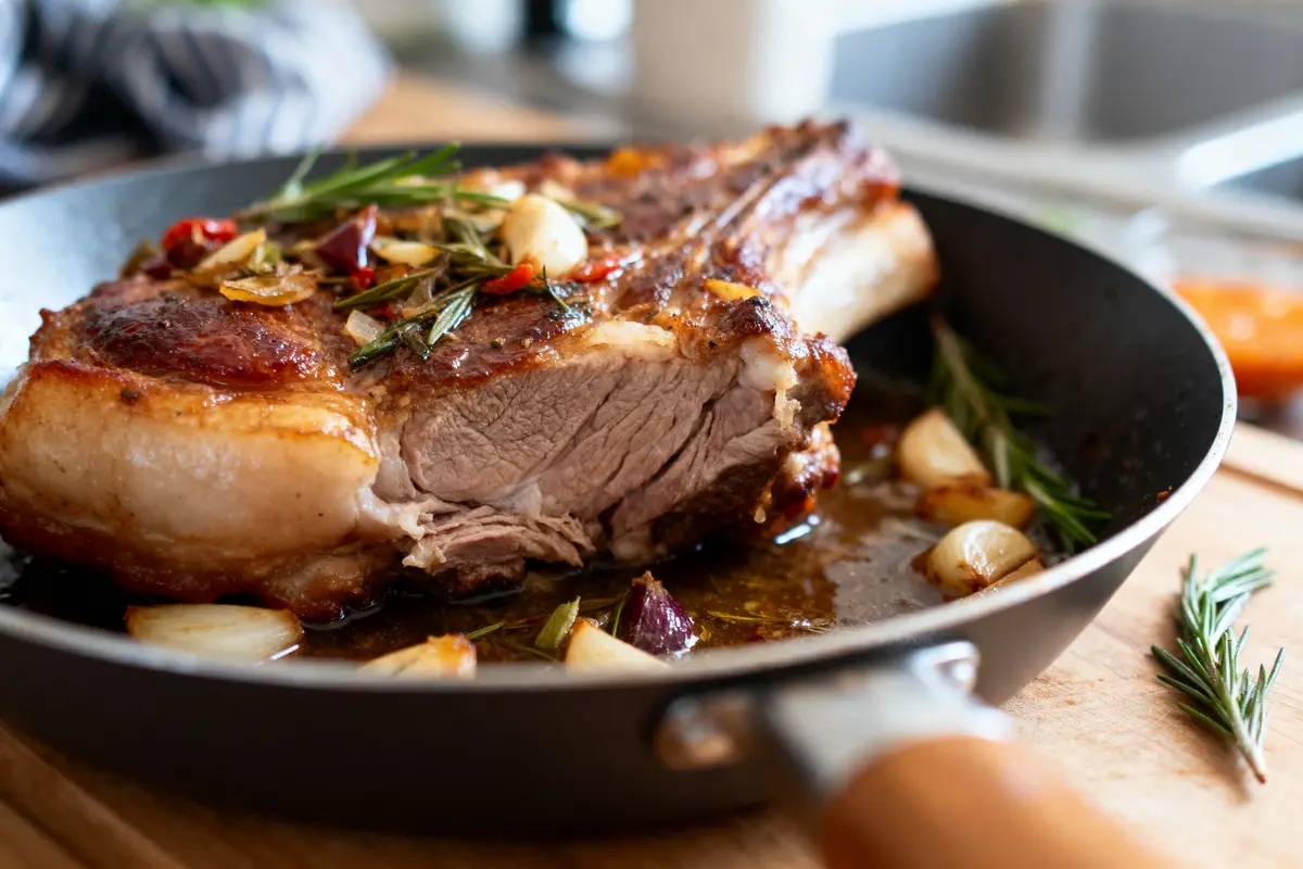 Côte de porc rôtie à l'ail et romarin dans poêle, cuisine gourmande, plan rapproché appétissant.