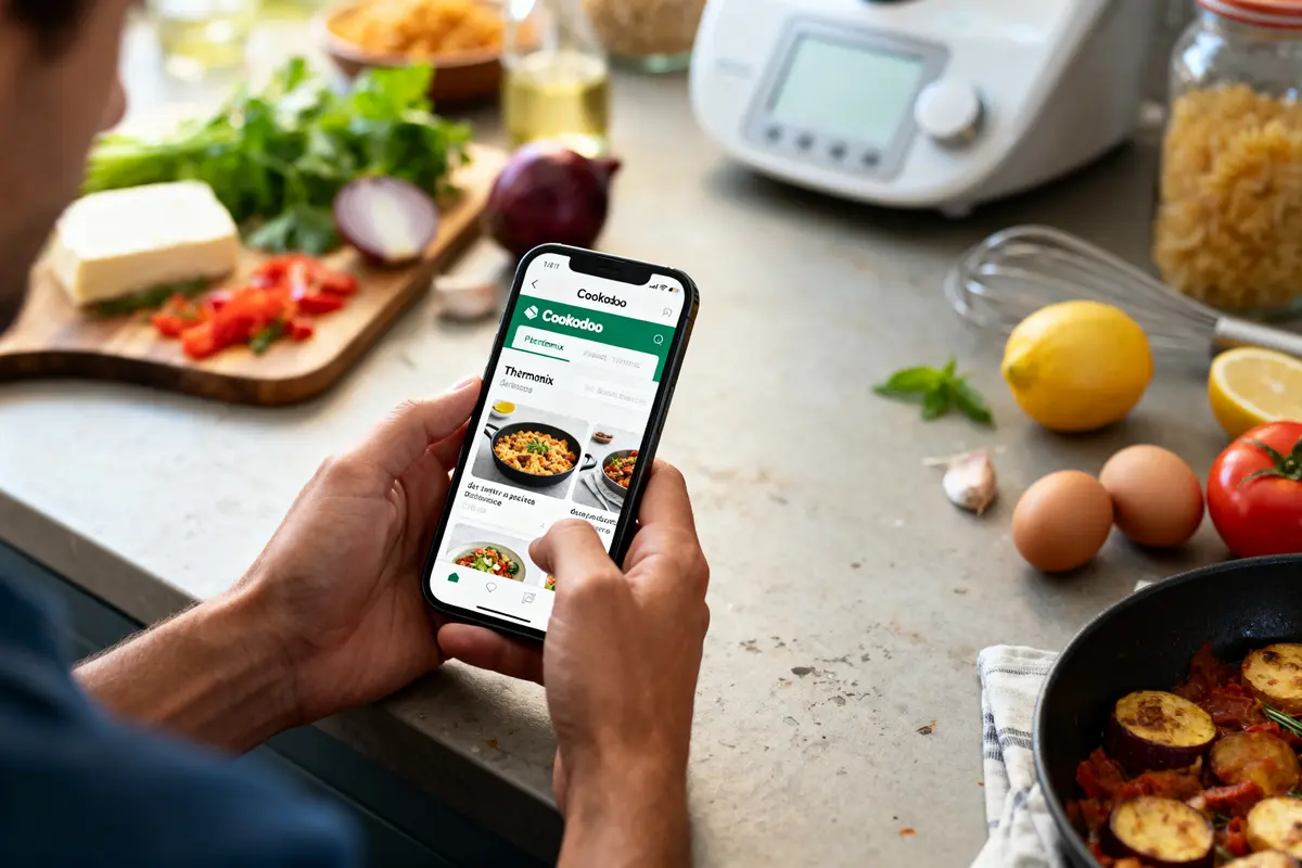 Personne utilisant une application de recettes sur smartphone dans une cuisine équipée de divers ingrédients.