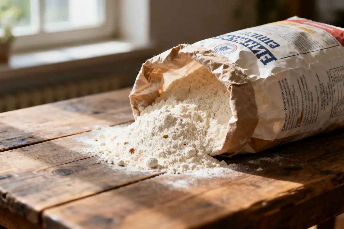 Sac de farine renversé sur table en bois, lumière naturelle pénétrant par fenêtre.