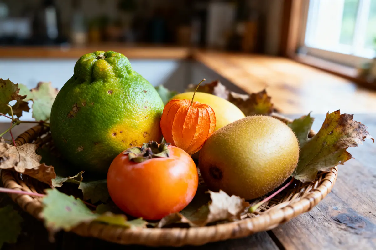 Corbeille sur table avec divers fruits : kiwi, kaki, citron vert, physalis, pavée de feuilles mortes.